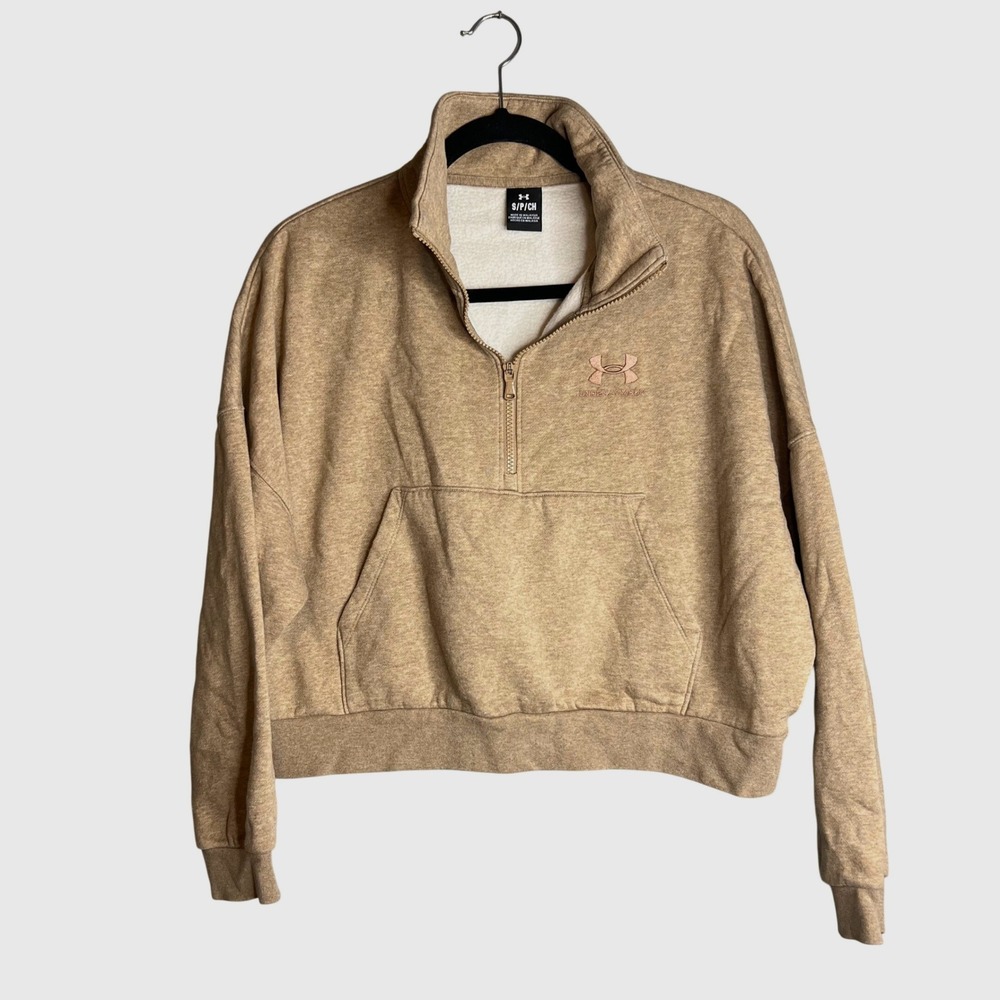 Under Armour Fleece Half Zip Crop Sweatshirt Sz S Beige Tan Gym Sporty Casual